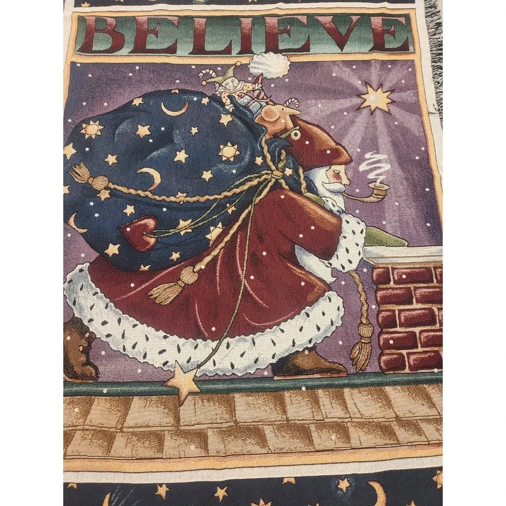 VTG. Mary Engelbreit  BELIEVE Christmas Throw BlanketTapestry 46x76 USA Made EUC